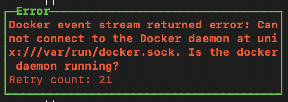 Warning when running lazydocker on MacOS with Colima for the first time.